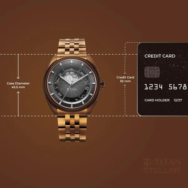 Titan Stellar Cupola Automatic Analog with Sun Moon Phase and Gray Dial IP Bronze Stainless Steel Strap Watch for Men