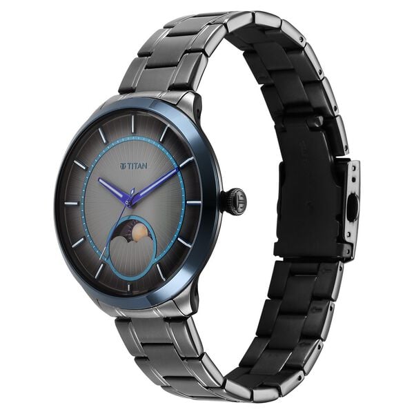 Titan Stellar Quartz Analog Sun Moon Phase Watch for Men with Black Colour Stainless Steel Strap
