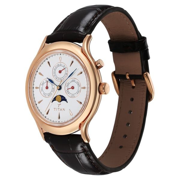 Titan 40 Years Quartz Multifunction with Moon Phase White Dial Brown Leather Strap Watch for Men