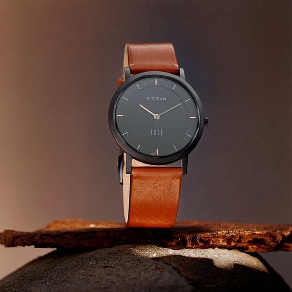 Titan Quartz Analog Watch for Men Black Dial with Leather Strap