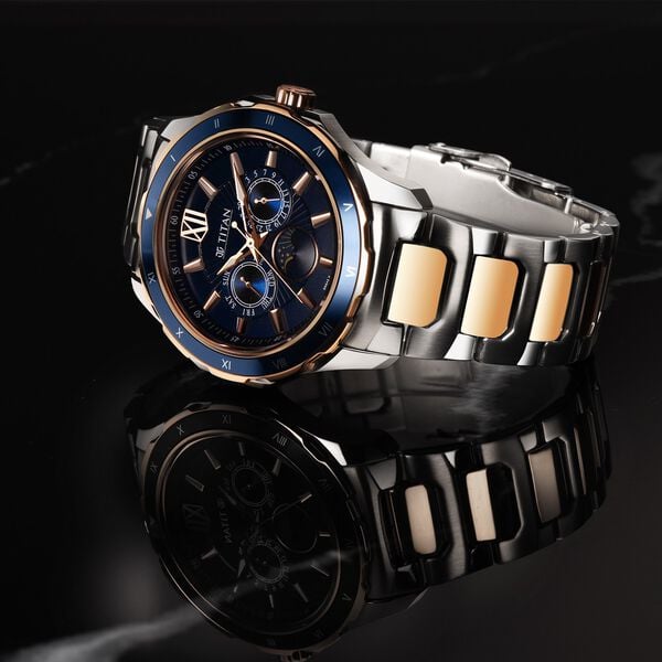 Titan Regalia Premium Quartz Multifunction Blue Dial Watch for Men with Stainless Steel Strap