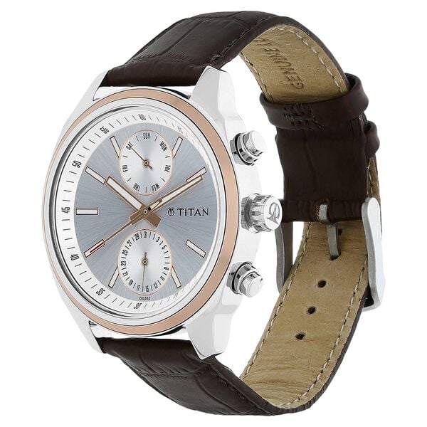 Titan Quartz Multifunction Watch for Men Silver Dial with Leather Strap