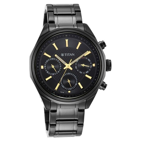 Titan Quartz Multifunction Watch for Men Black Dial with Stainless Steel Strap
