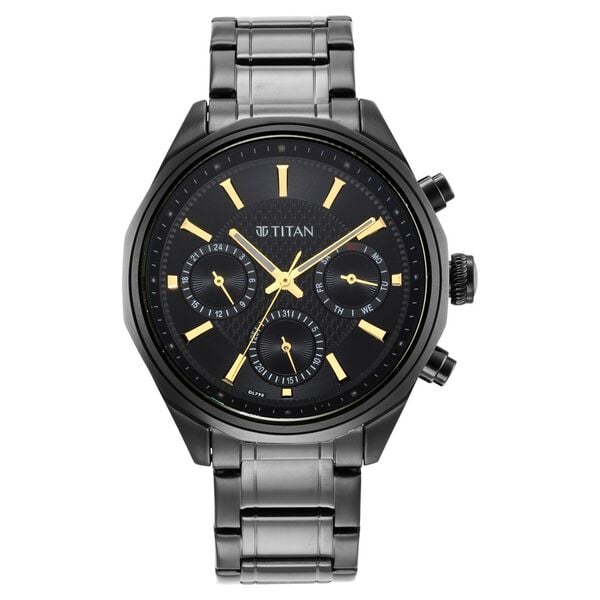 Titan Quartz Multifunction Watch for Men Black Dial with Stainless Steel Strap