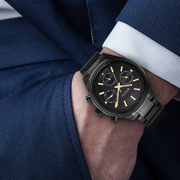 Titan Quartz Multifunction Watch for Men Black Dial with Stainless Steel Strap