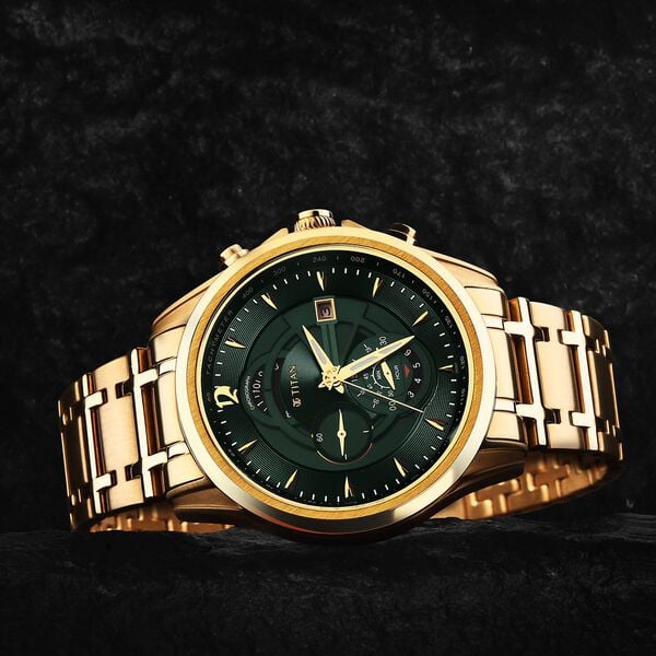 Titan Regalia Premium Quartz Chronograph Green Dial Watch for Men with Stainless Steel Strap
