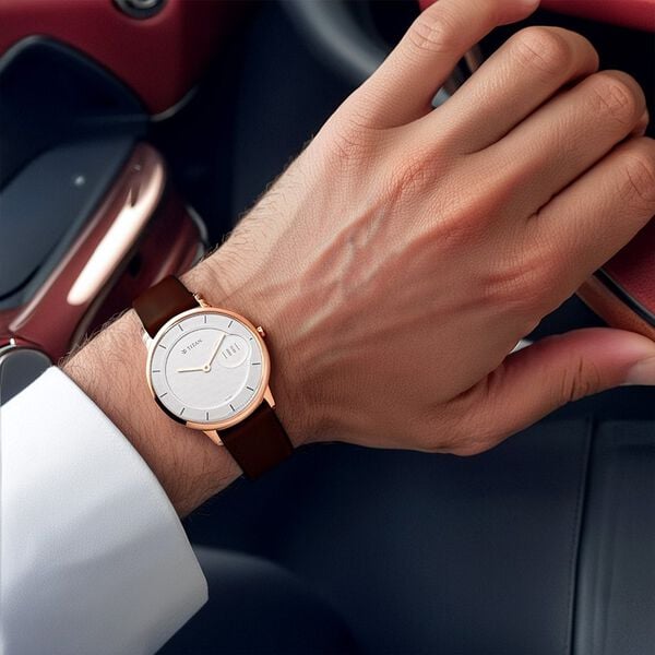 Titan Quartz Analog Watch for Men White Dial with Leather Strap