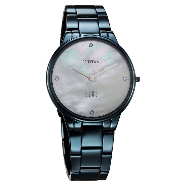 Titan Edge Metal Ladies Allure Quartz Analog Mother of Pearl Dial Watch for Women with Blue Stainless Steel Strap