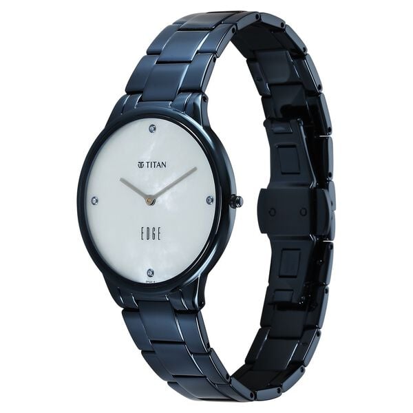 Titan Edge Metal Ladies Allure Quartz Analog Mother of Pearl Dial Watch for Women with Blue Stainless Steel Strap