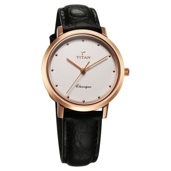 Titan 40 Years Quartz Analog Silver Dial Black Leather Strap Watch for Women