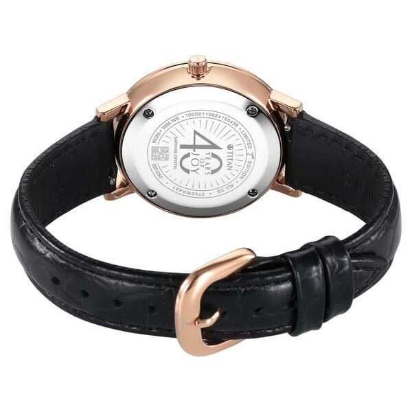 Titan 40 Years Quartz Analog Silver Dial Black Leather Strap Watch for Women