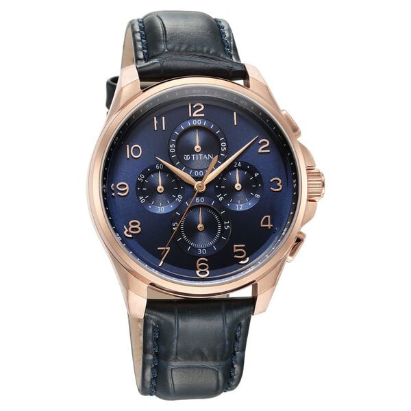 Titan Quartz Blue Dial Watch for Men with Blue Color Leather Strap