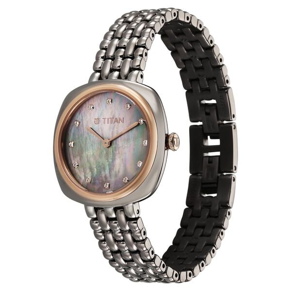 Titan Aura Quartz Analog Titanium Mother of Pearl Dial Watch for Women with Titanium Stainless Steel Strap
