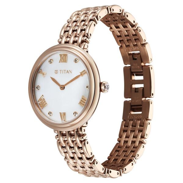 Titan Aura Quartz Analog White Mother of Pearl Dial Watch for Women with Rose Gold Stainless Steel Strap
