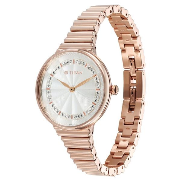 Titan Aura Quartz Analog Silver Dial Watch for Women with Rose Gold Stainless Steel Strap
