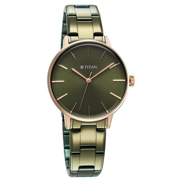 The Titan TGIF Quartz Analog Brown Dial Rose Gold Stainless Steel Strap Watch Exudes Elegance and Charm Perfect for Women.