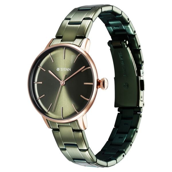The Titan TGIF Quartz Analog Brown Dial Rose Gold Stainless Steel Strap Watch Exudes Elegance and Charm Perfect for Women.