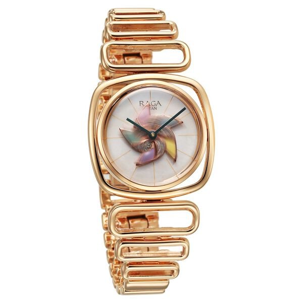 Titan Raga Memoirs Memoirs Pinwheel Quartz Analog Mother of Pearl Dial Watch for Women with Metal Strap