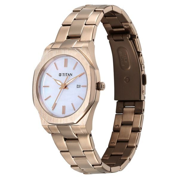 Titan Workday Wonders Quartz Analog with Date Mother of Pearl Dial Watch for Women with Rose Gold Stainless Steel Strap