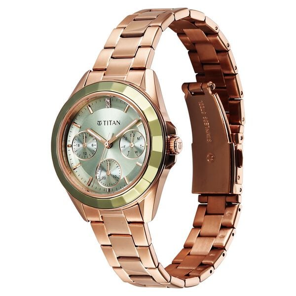 Titan Glamour Quartz Multifunction Green Dial Rose Gold Stainless Steel Strap Watch for Women