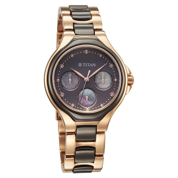 Titan Glamour Quartz Multifunction Grey Dial Two Toned Steel and Ceramic Strap Watch for Women