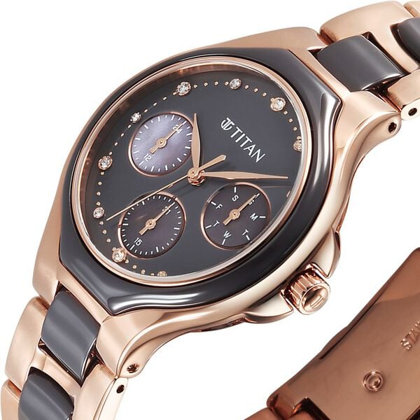 Titan Glamour Quartz Multifunction Grey Dial Two Toned Steel and Ceramic Strap Watch for Women