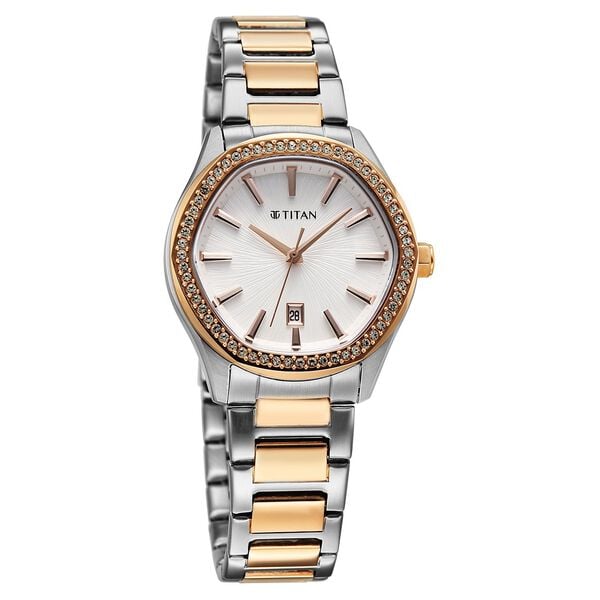 Titan Glamour Quartz Analog with Date Silver Dial Two Toned Stainless Steel Strap Watch for Women