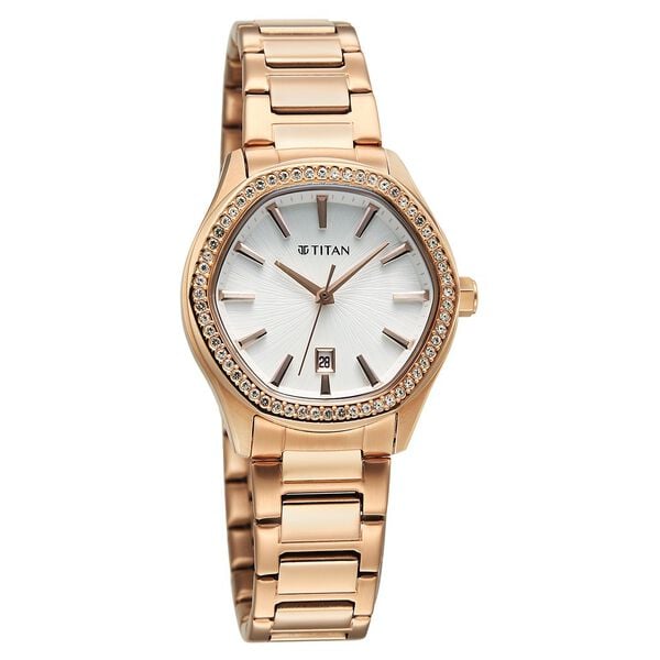 Titan Glamour Quartz Analog with Date Silver Dial Rose Gold Stainless Steel Strap Watch for Women