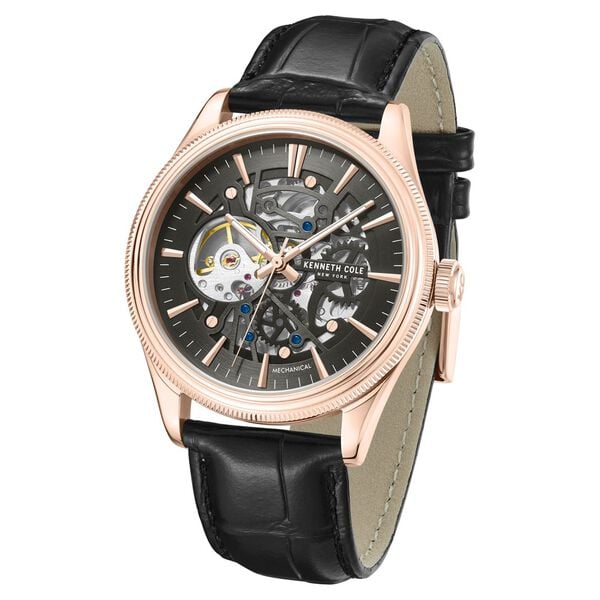 Kenneth Cole Mechanical Hand Wound Analog Mechanical Grey Dial Watch for Men with Leather Strap