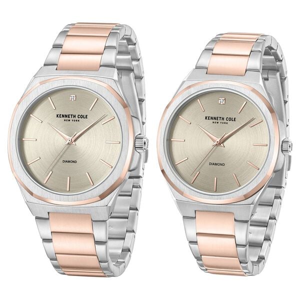 Kenneth Cole Quartz Analog Grey Dial Watch for Couple with Rose Gold Stainless Steel Strap