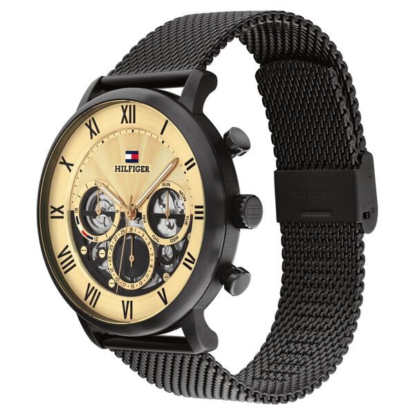 Tommy Hilfiger Quartz Multifunction Golden Dial Watch for Men with Black Stainless Steel Strap