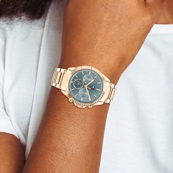 Tommy Hilfiger Quartz Multifunction Watch for Women with Blue Dial Golden Colour Stainless Steel Strap