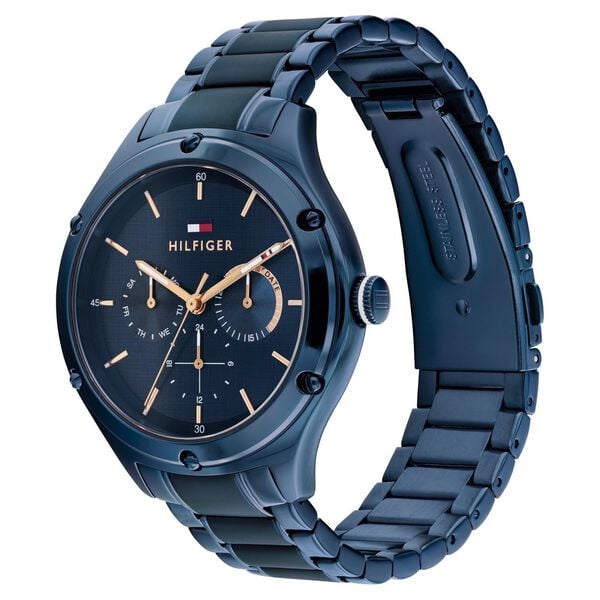 Tommy Hilfiger Quartz Analog with Day and Date Blue Dial Watch for Women with Blue Stainless Steel Strap