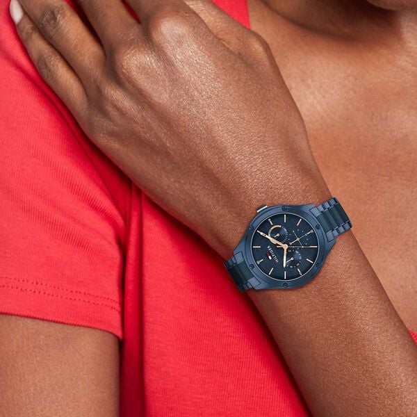Tommy Hilfiger Quartz Analog with Day and Date Blue Dial Watch for Women with Blue Stainless Steel Strap
