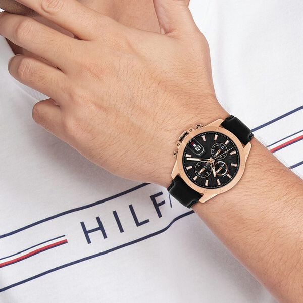 Tommy Hilfiger Quartz Multifunction Black Dial Black Leather Strap Watch for Men