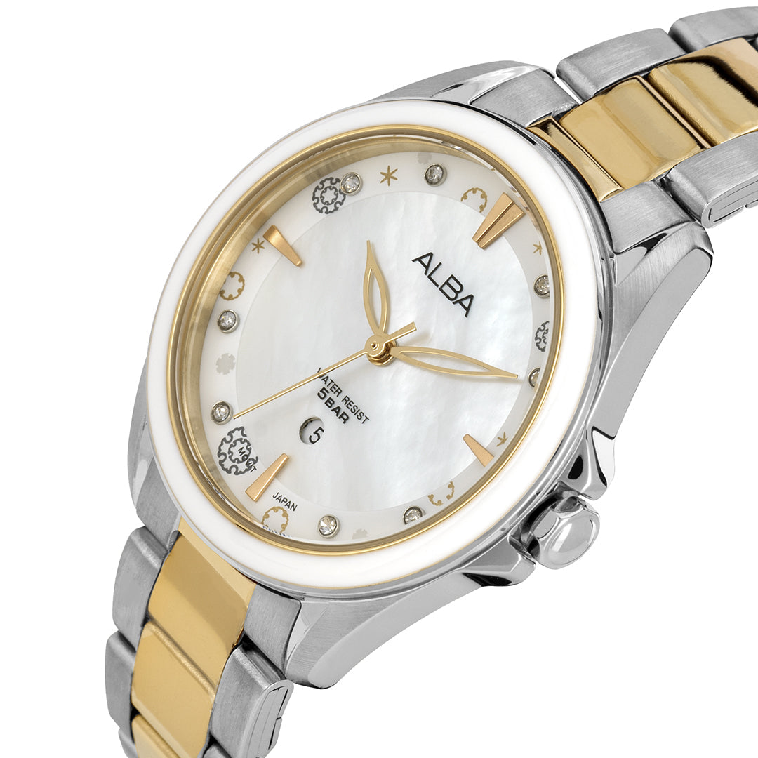 AH7DV3X1 Pearly White Dial Silver-Gold Watch