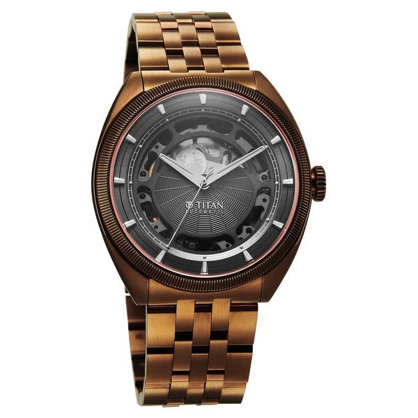 Titan Stellar Cupola Automatic Analog with Sun Moon Phase and Gray Dial IP Bronze Stainless Steel Strap Watch for Men