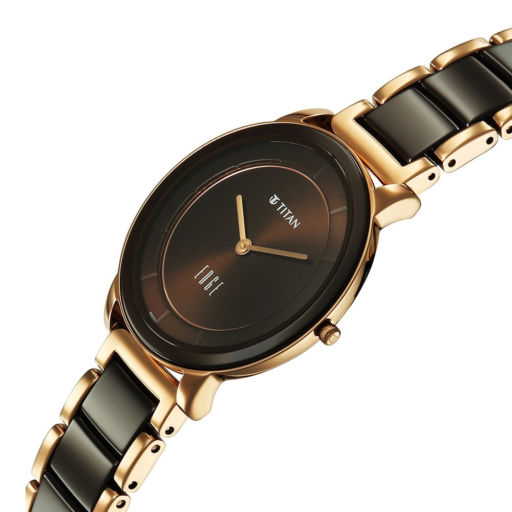 Titan Edge Purple Superheads Quartz Analog Brown Dial Rose Gold Steel And Ceramic Strap Watch For Women