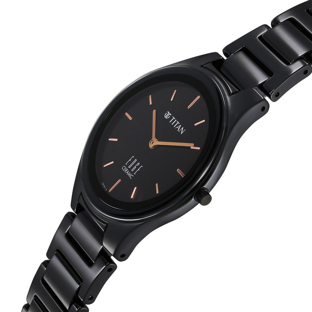 Titan Edge Ceramic Quartz Analog Black Dial Black Ceramic Strap Watch For Women