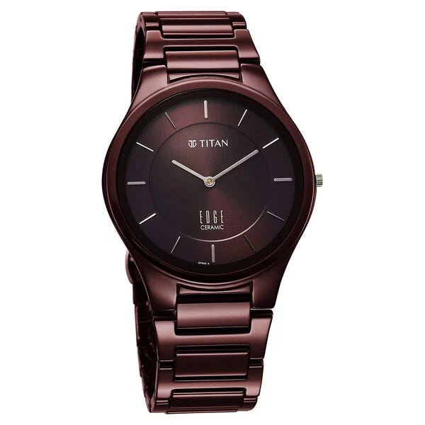 Titan Edge Wine Ceramic Quartz Analog Maroon Dial Red Ceramic Strap Watch For Men