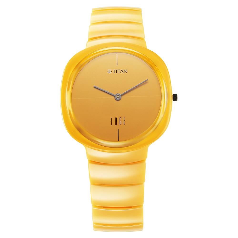 Titan Edge Squircle Camo Quartz Analog Yellow Dial Yellow Ceramic Strap Watch For Unisex.