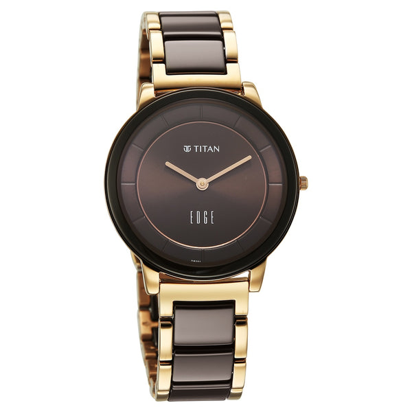 Titan Edge Purple Superheads Quartz Analog Brown Dial Rose Gold Steel And Ceramic Strap Watch For Women