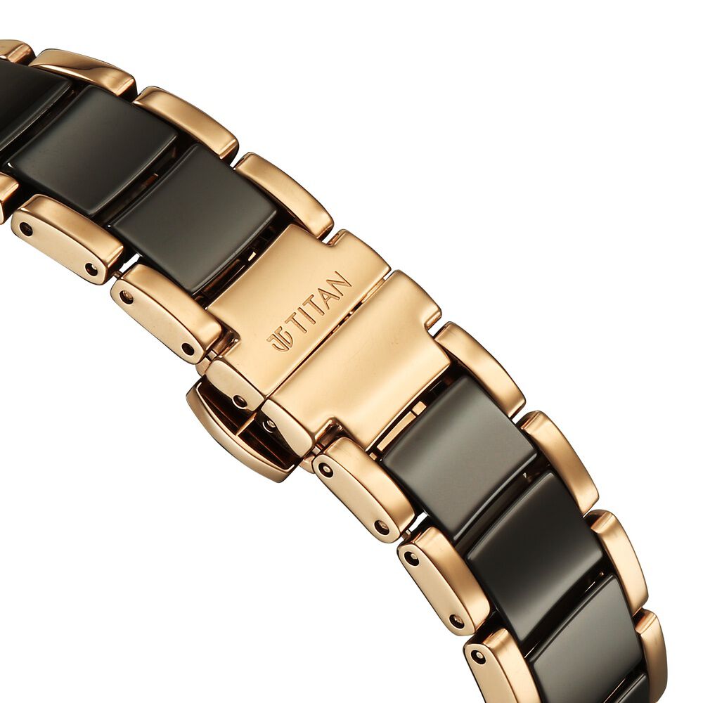 Titan Edge Purple Superheads Quartz Analog Brown Dial Rose Gold Steel And Ceramic Strap Watch For Women