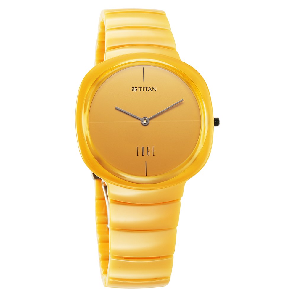 Titan Edge Squircle Camo Quartz Analog Yellow Dial Yellow Ceramic Strap Watch For Unisex.