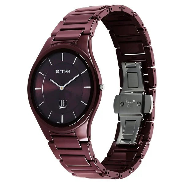 Titan Edge Wine Ceramic Quartz Analog Maroon Dial Red Ceramic Strap Watch For Men