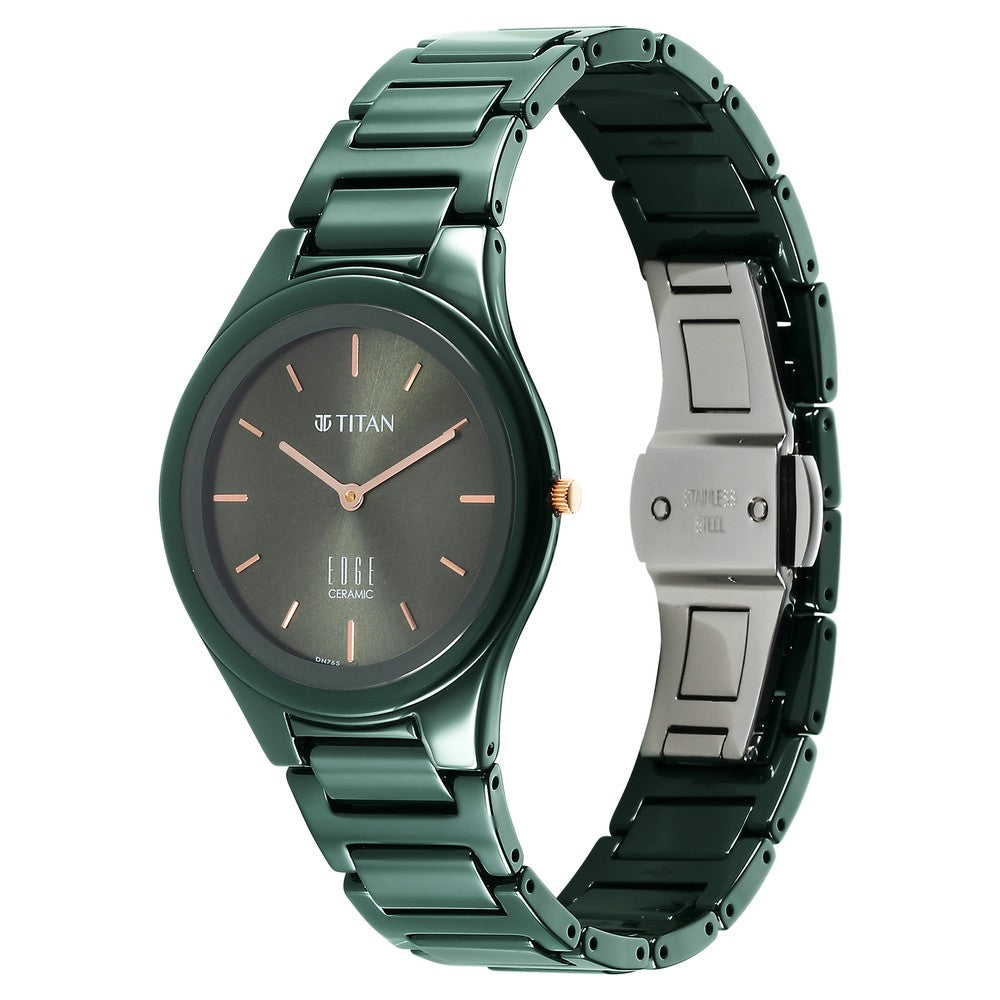 Titan Edge Ceramic Quartz in Glossy Green Dial Watch for Women