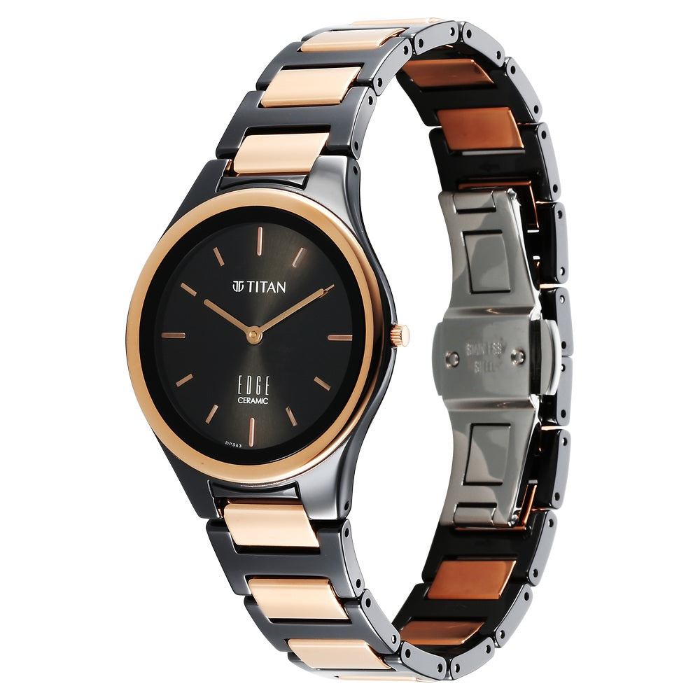 Titan Edge Ceramic Quartz Analog Black Dial Ceramic Strap Watch For Women