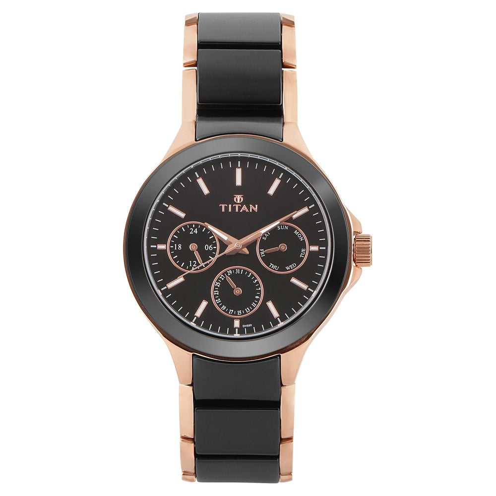 Titan Quartz Multifunction Black Dial Stainless Steel & Ceramic Strap Watch for Men
