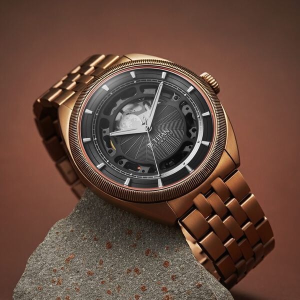 Titan Stellar Cupola Automatic Analog with Sun Moon Phase and Gray Dial IP Bronze Stainless Steel Strap Watch for Men