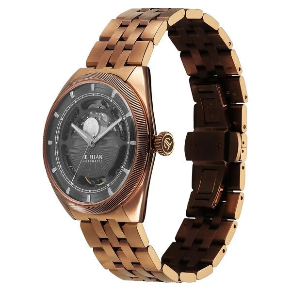 Titan Stellar Cupola Automatic Analog with Sun Moon Phase and Gray Dial IP Bronze Stainless Steel Strap Watch for Men